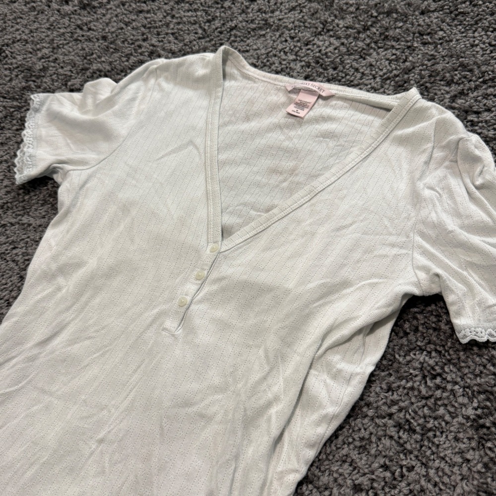 Cozy Victoria's Secret Henley Pajama Top Women White Good Lace Pointelle Size M